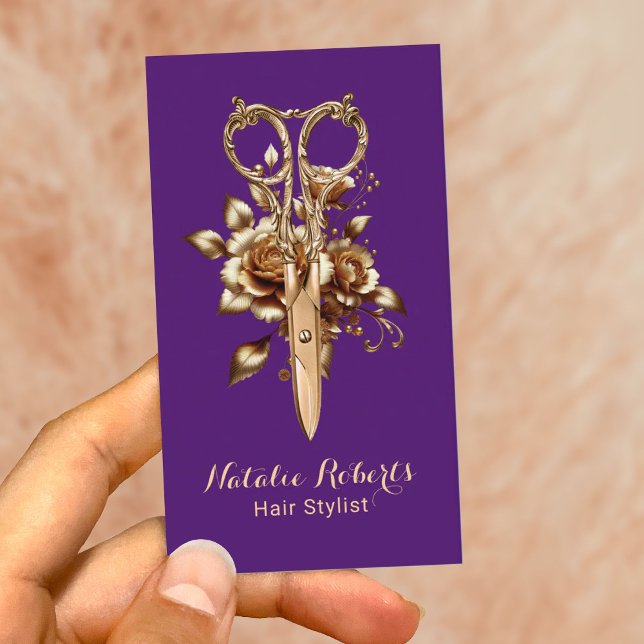 Purple Gold Scissor Flower Hair Stylist Salon SPA Business Card (Creator Uploaded)