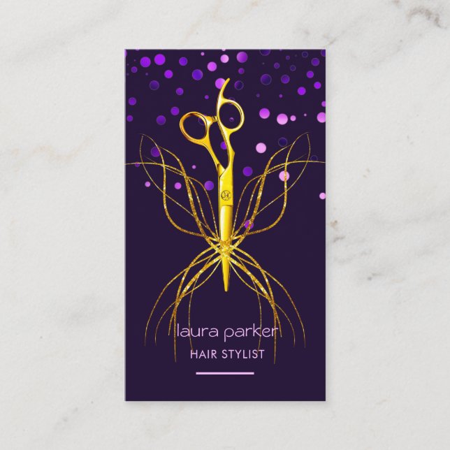Purple Gold Scissor Hair Stylist Professional  Business Card (Front)