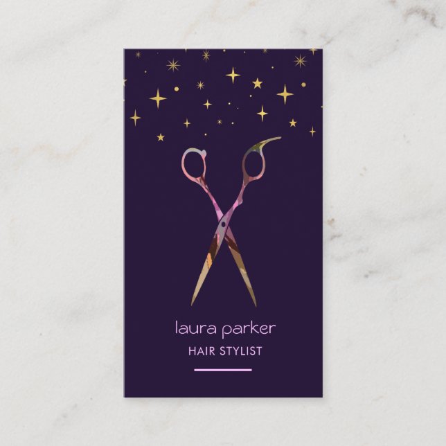 Purple Gold Scissor Hair Stylist Professional  Business Card (Front)