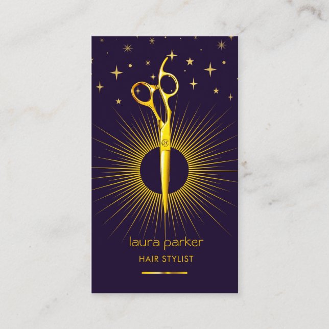 Purple Gold Scissor Hair Stylist Professional Sun  Business Card (Front)