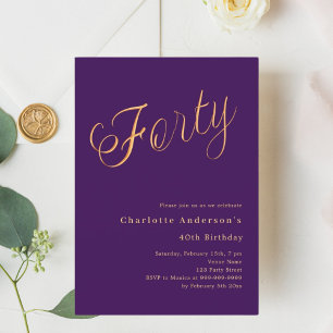Purple gold script 40th birthday invitation