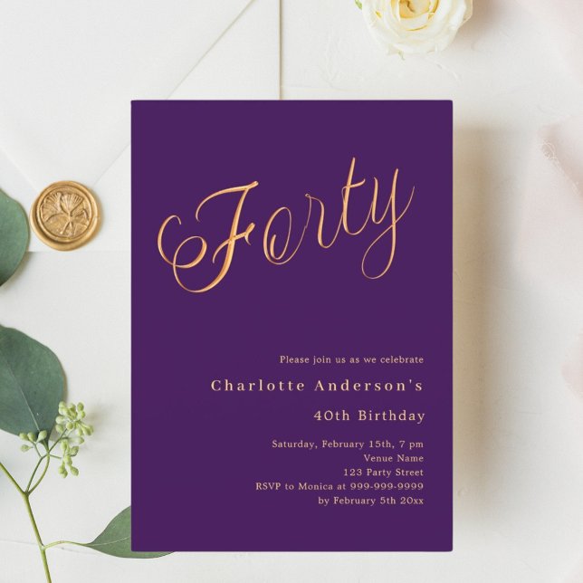 Purple gold script 40th birthday invitation (Creator Uploaded)