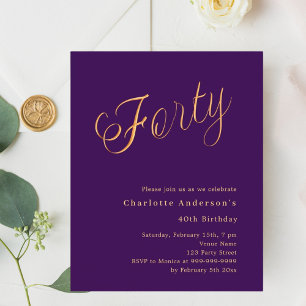 Purple gold script 40th birthday invitation