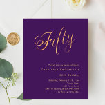 Purple gold script 50th birthday invitation<br><div class="desc">A modern,  stylish invitation for a 50th birthday party.  A purple coloured background and the word Fifty written with elegant large script letters in faux gold. Personalise and add a name and party details. 

1 sheet = 1 invitation printed edge to edge.</div>