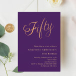 Purple gold script 50th birthday invitation<br><div class="desc">A modern,  stylish invitation for a 50th birthday party.  A purple coloured background and the word Fifty written with elegant large script letters in faux gold. Personalise and add a name and party details.</div>