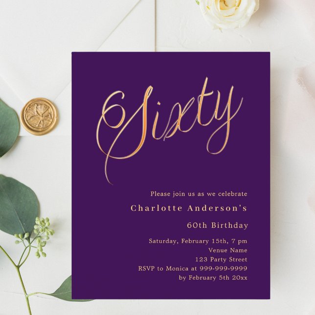 Purple gold script 60th birthday invitation (Creator Uploaded)