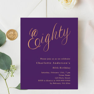 Purple gold script 80th birthday invitation