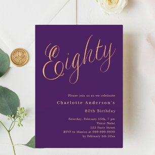 Purple gold script 80th birthday invitation