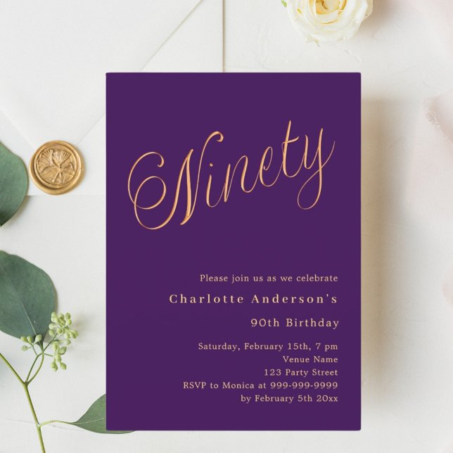 Purple gold script 90th birthday invitation (Creator Uploaded)