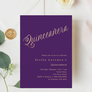 Purple gold script elegant Quinceanera invitation