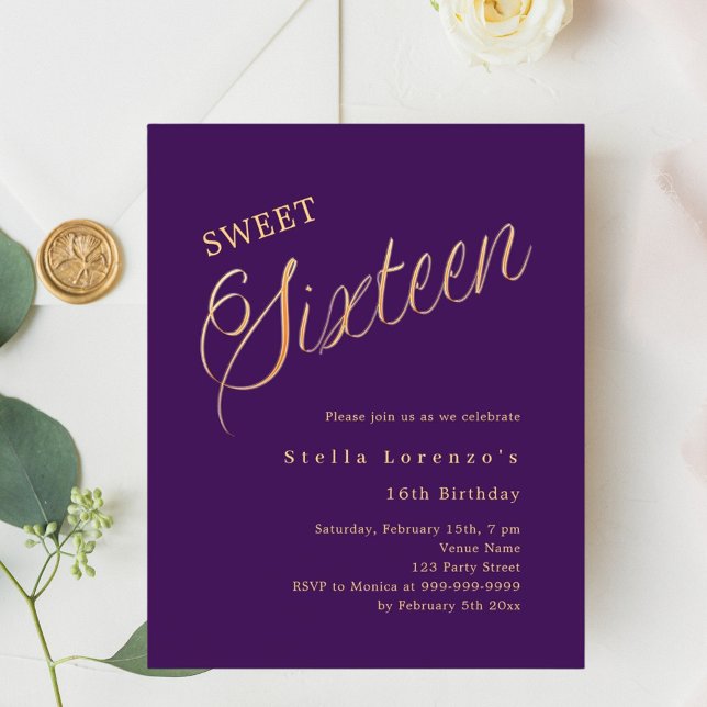 Purple gold script elegant Sweet 16 invitation (Creator Uploaded)