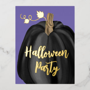 Purple Gold Script Pumpkin Halloween Party  Foil Invitation Postcard