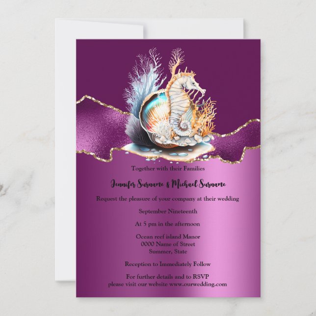 Purple gold seahorse shimmer seashell coral ocean invitation (Front)