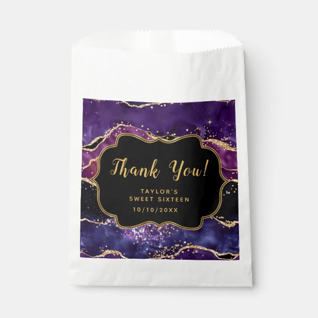Purple Gold Sequins Agate Sweet Sixteen Thank You Favour Bags (Front)