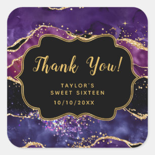 Purple Gold Sequins Agate Sweet Sixteen Thank You Square Sticker