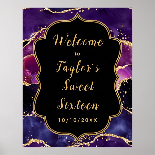 Purple Gold Sequins Agate Sweet Sixteen Welcome Poster (Front)