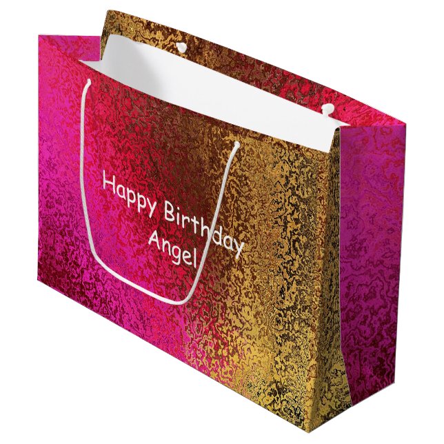 Purple & Gold Shade Happy Birthday Name Large Gift Bag (Front Angled)
