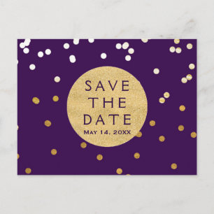 Purple & Gold Shiny Confetti Dots Save The Date Announcement Postcard