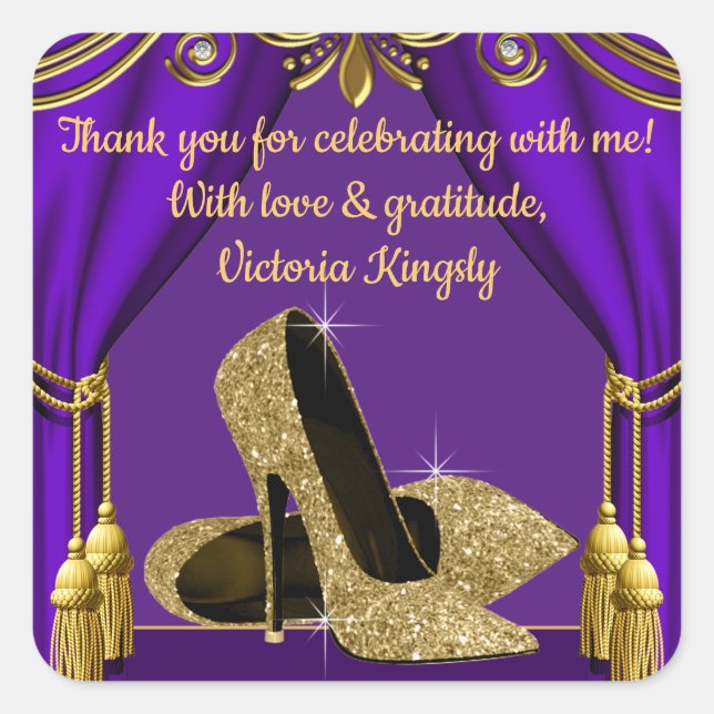Purple Gold Shoe Birthday Party Favour Stickers (Front)