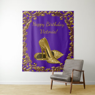 Purple Gold Shoe Birthday Party L Backdrop Tapestry