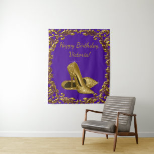 Purple Gold Shoe Birthday Party M Backdrop Tapestry