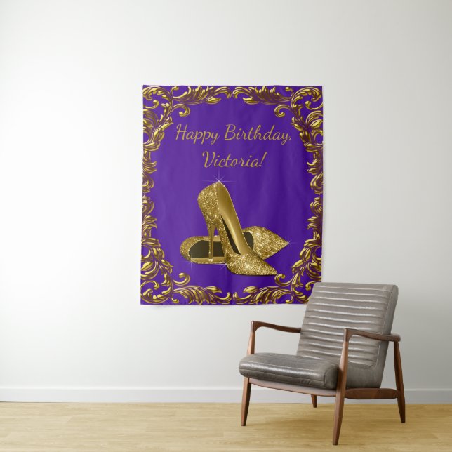 Purple Gold Shoe Birthday Party M Backdrop Tapestry (In Situ)