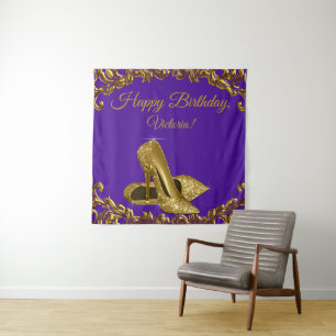 Purple Gold Shoe Birthday Party SQ Backdrop Tapestry