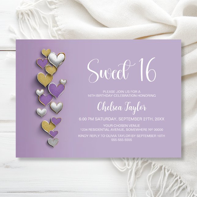 Purple Gold Silver Heart Theme Sweet 16 Birthday Invitation (Creator Uploaded)