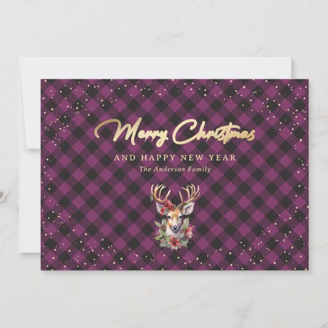 Purple Gold Snow Reindeer Buffalo Plaid Holiday Card (Front)
