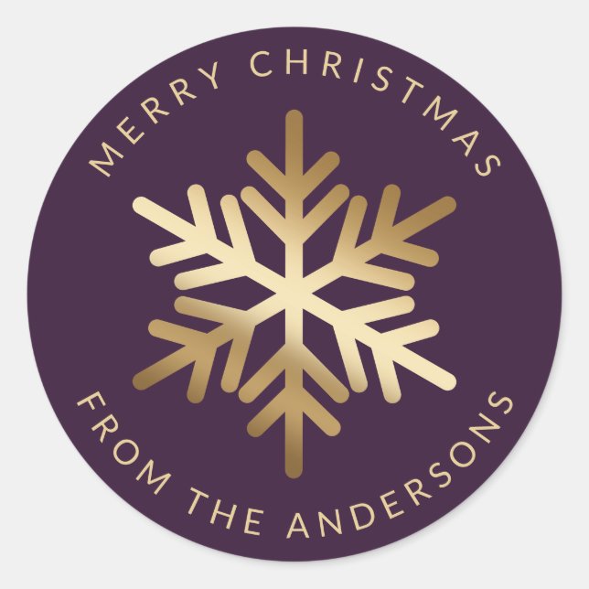 Purple Gold Snowflake Family Merry Christmas Classic Round Sticker (Front)