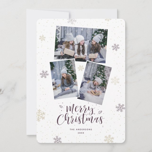 Purple Gold Snowflake Photo Merry Christmas Cards (Front)