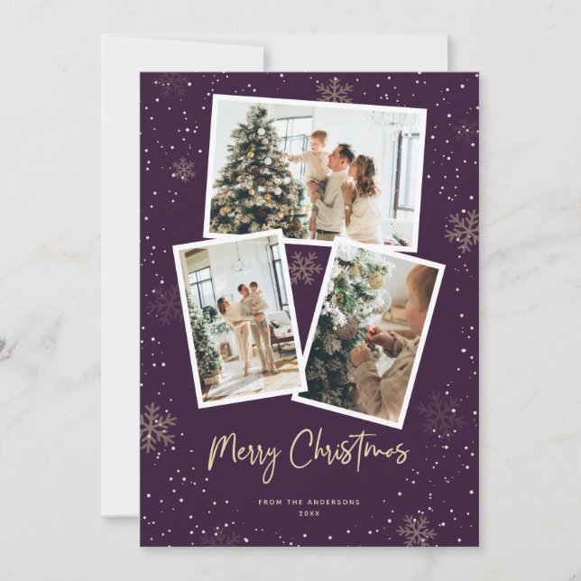 Purple Gold Snowflake Photo Merry Christmas Cards (Front)