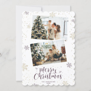 Purple Gold Snowflake Photo Merry Christmas Cards