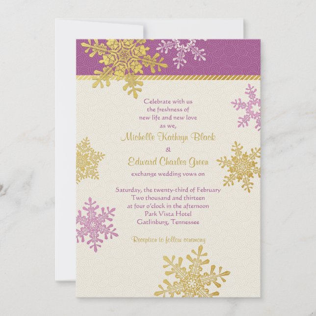 Purple Gold Snowflake Winter Wedding Invitation (Front)
