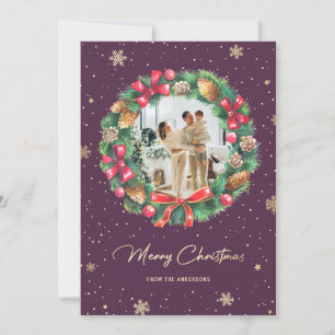 Purple Gold Snowflakes Wreath Photo Holiday Card