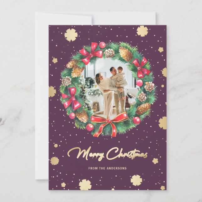 Purple Gold Snowflakes Wreath Photo Holiday Card (Front)
