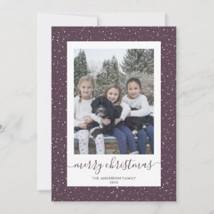 Purple Gold Snowy Photo Merry Christmas Cards