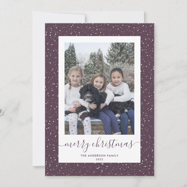 Purple Gold Snowy Photo Merry Christmas Cards (Front)