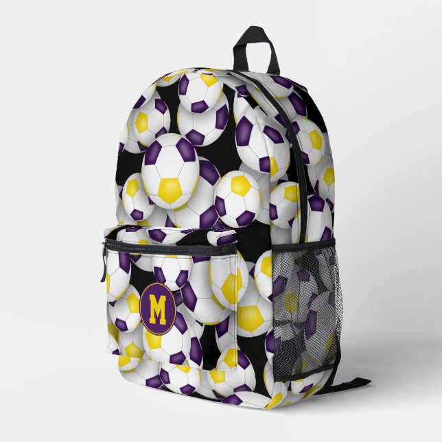 purple gold soccer balls pattern monogrammed printed backpack (Back Corner Right)