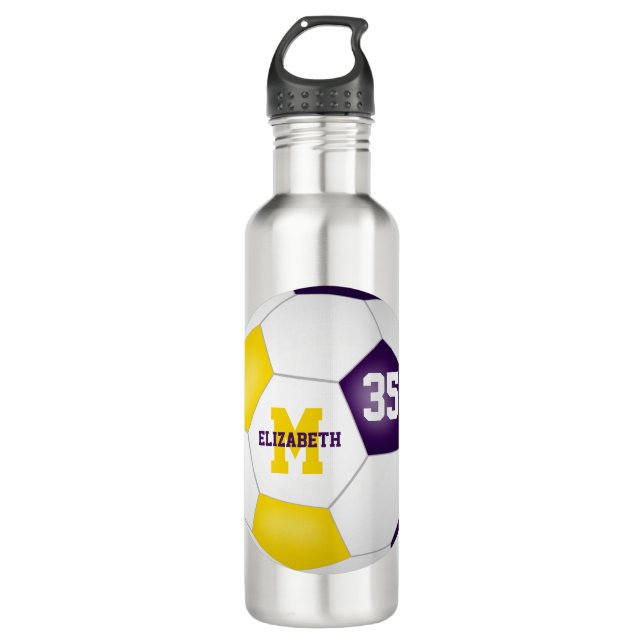 purple gold soccer girl boy school team colours 710 ml water bottle (Front)