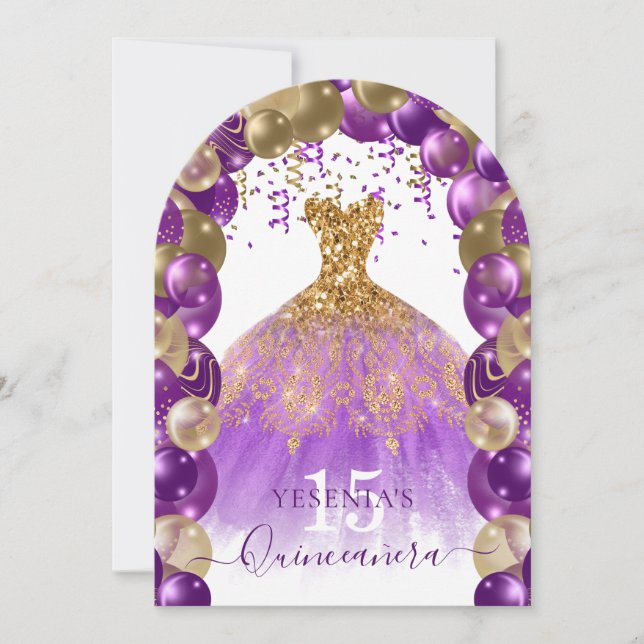 Purple Gold Sparkle Dress Quinceañera Balloon Arch Invitation (Front)