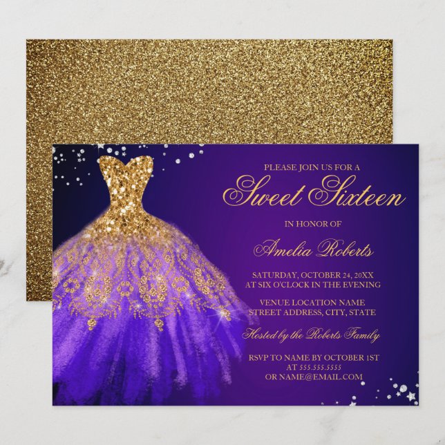 Purple Gold Sparkle Dress Sweet Sixteen Invitation (Front/Back)