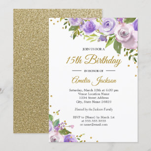 Purple Gold Sparkle Floral 15th Birthday Invite