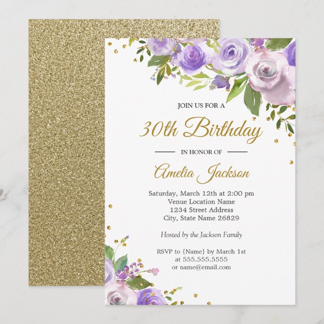 Purple Gold Sparkle Floral 30th Birthday Invite (Front/Back)