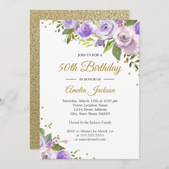 Purple Gold Sparkle Floral 50th Birthday Invite (Front/Back)