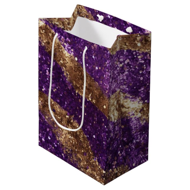 Purple Gold Sparkle Glitter Birthday Medium Gift Bag (Front Angled)