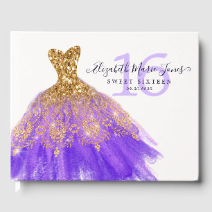 Purple Gold Sparkle Glitter Dress 16th Birthday Guest Book