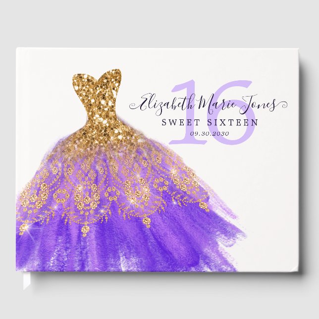 Purple Gold Sparkle Glitter Dress 16th Birthday Guest Book (Front)
