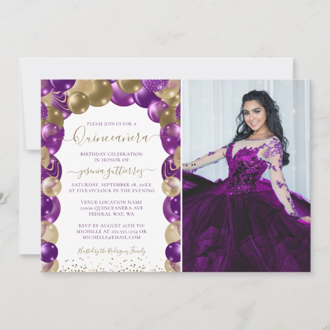 Purple Gold Sparkle Photo Quinceañera Balloon Invitation (Front)