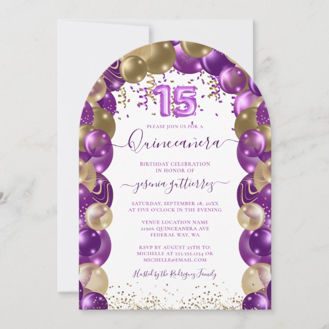 Purple Gold Sparkle Quinceañera Balloon Invitation (Front)